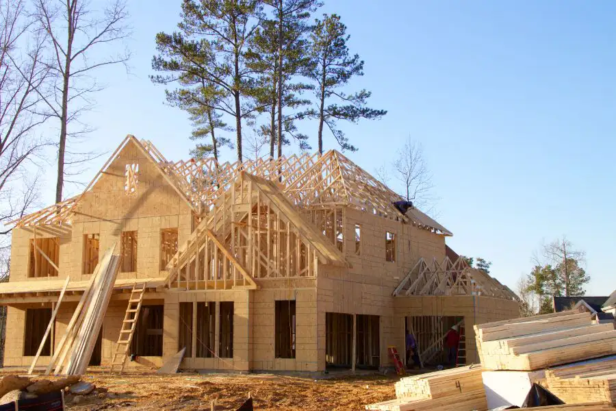 Wooden construction of a home in the process of being built.